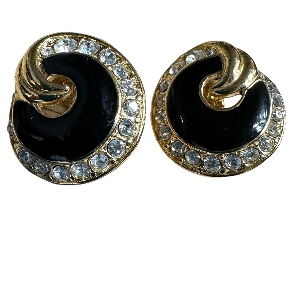 Trifari vintage black crystal clip earrings